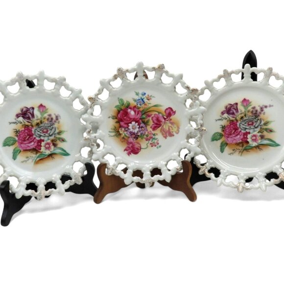 ESD Japan Reticulated Floral Ceramic Plates Set of 3 Vintage 8" - Picture 1 of 13